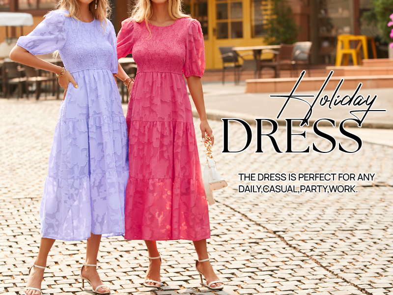 ZESICA Women's 2025 Summer Short Puff Sleeve Crewneck Smocked